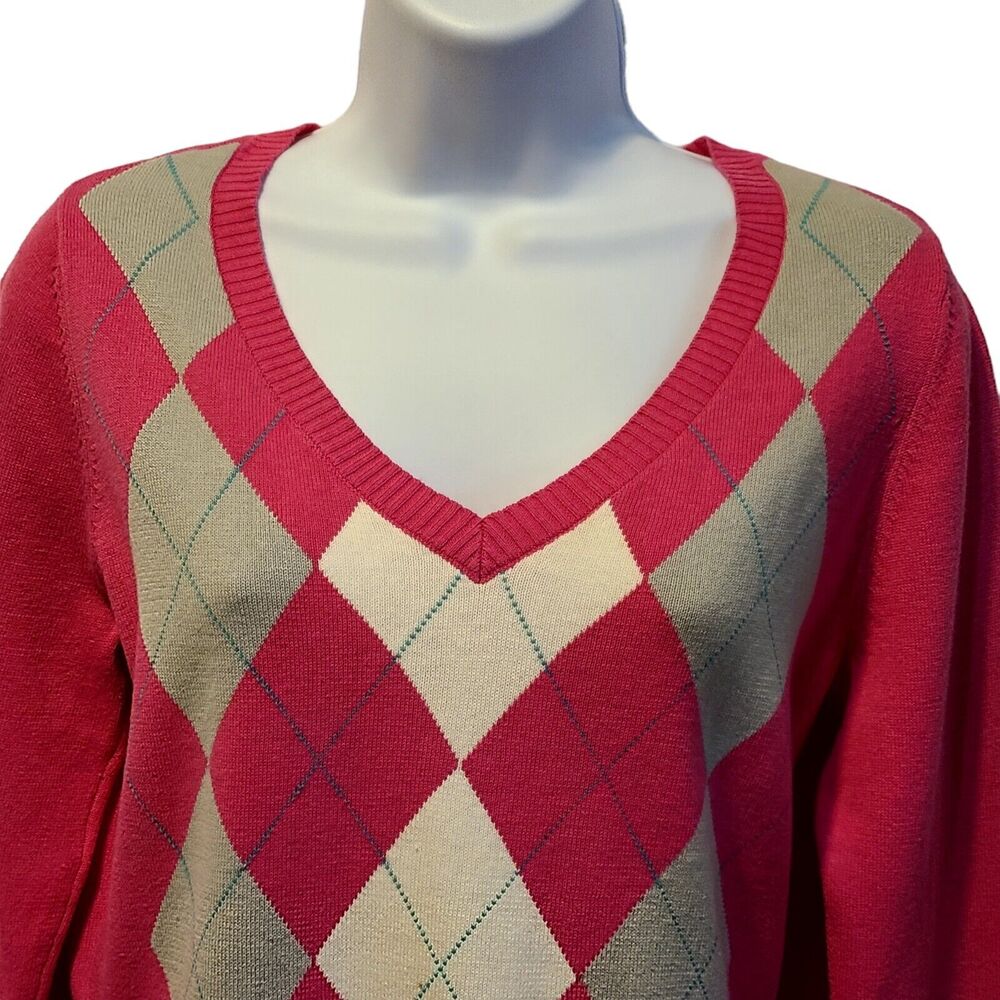 Women's Argyle Sweater Sz S Caribbean Joe V-Neck Pink Gray White Long Sleeve